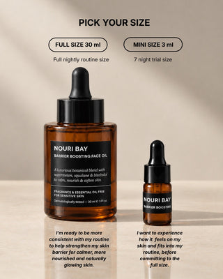 Nouri Bay Barrier Boosting Face Oil shown in two bottle sizes: a larger 30 ml full-size bottle and a smaller 3 ml mini-size bottle, with text labels above and below on a warm beige background.