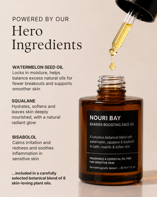 Nouri Bay Barrier Boosting Face Oil in an amber glass bottle, shown with a dropper dispensing oil next to text highlighting key ingredients like watermelon seed oil, squalane, and bisabolol on a warm beige background, sensitive skin.