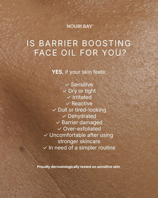 A close-up of a person's face with visible skin texture and pores, overlaid with marketing text from Nouri Bay. The text asks if barrier-boosting face oil is for you and lists skin conditions such as sensitivity, dryness, irritation, and barrier damage.